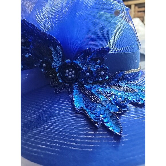 Vintage Kakyco Classic Handcrafted Blue Floral Rhinestone Wool Hat. Size 7½\